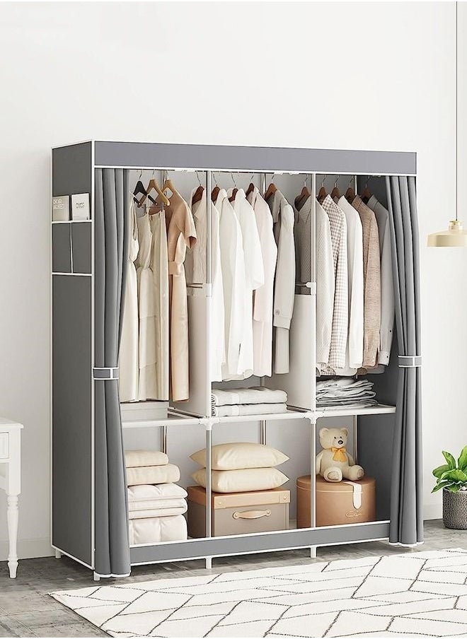 Wardrobe Storage Closet,Fabric Clothes Organizer With Side Pockets,Zipper And Hanging Rail,Foldable Non-Woven Textile Storage Clothing Rack,Grey