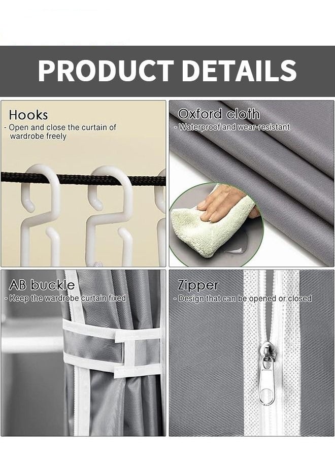 Wardrobe Storage Closet,Fabric Clothes Organizer With Side Pockets,Zipper And Hanging Rail,Foldable Non-Woven Textile Storage Clothing Rack,Grey