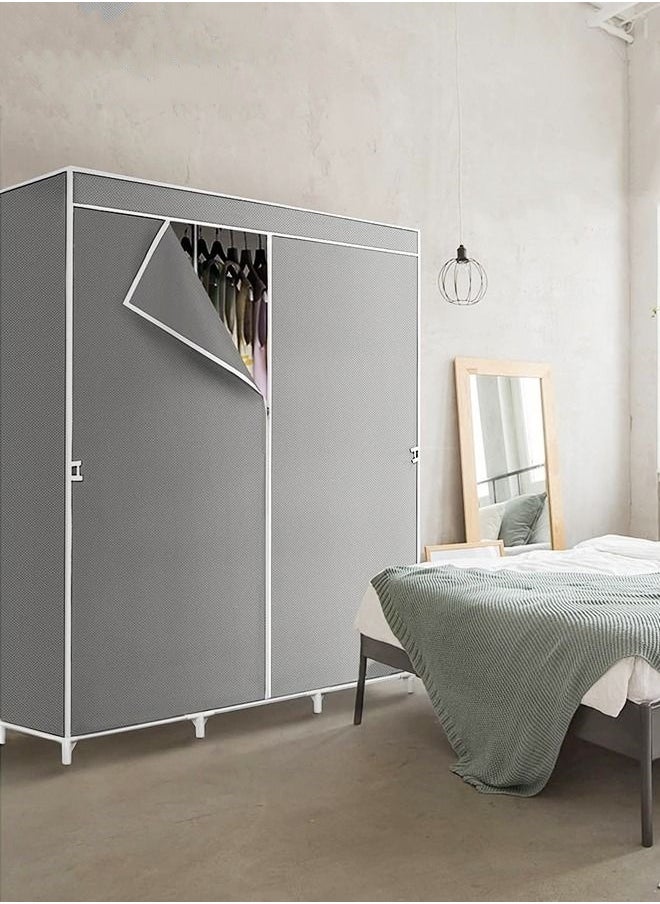 Wardrobe Storage Closet,Fabric Clothes Organizer With Side Pockets,Zipper And Hanging Rail,Foldable Non-Woven Textile Storage Clothing Rack,Grey