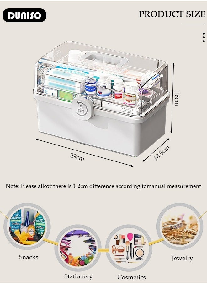 Family Medicine Storage Box Container, 3 Layers Folding First Aid Box Organizer with Locking Lid Handle, Multipurpose Durable Craft Tool Case Plastic Professional Emergency Bin for Home Travel Car Camping Office