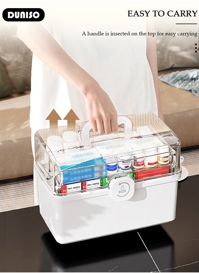 Family Medicine Storage Box Container, 3 Layers Folding First Aid Box Organizer with Locking Lid Handle, Multipurpose Durable Craft Tool Case Plastic Professional Emergency Bin for Home Travel Car Camping Office