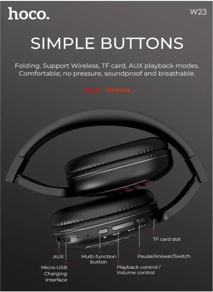 HOCO W23 Brilliant Sound Foldable Wireless and Wired Headphones with Mic Support TF Card And AUX Mode, Compatible Mobile Phones, Tablets, Laptop and Computer