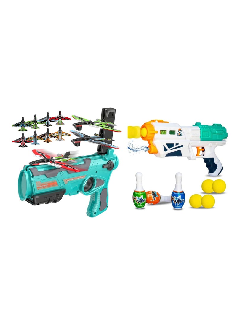 Catapult Airplane Toy Set with 8 Glider Planes - Outdoor Ejection Game for Boys Ages 4-8, Perfect Gift for Kids 3-in-1 Bowling & Water Shooting Elite Toy Set | Soft Foam Balls, Bowling Pins & Magic Blaster Water Spray Gun for Kids Ages 3+