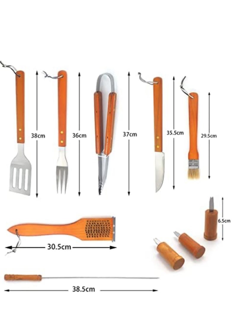 Portable 19-Piece Stainless Steel Barbecue Tool Sets with Wooden Handle, Outdoor Multifunctional Combination BBQ Accessories