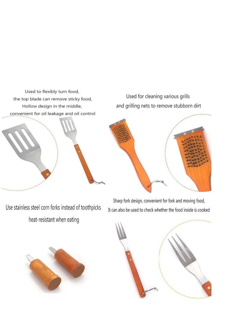 Portable 19-Piece Stainless Steel Barbecue Tool Sets with Wooden Handle, Outdoor Multifunctional Combination BBQ Accessories