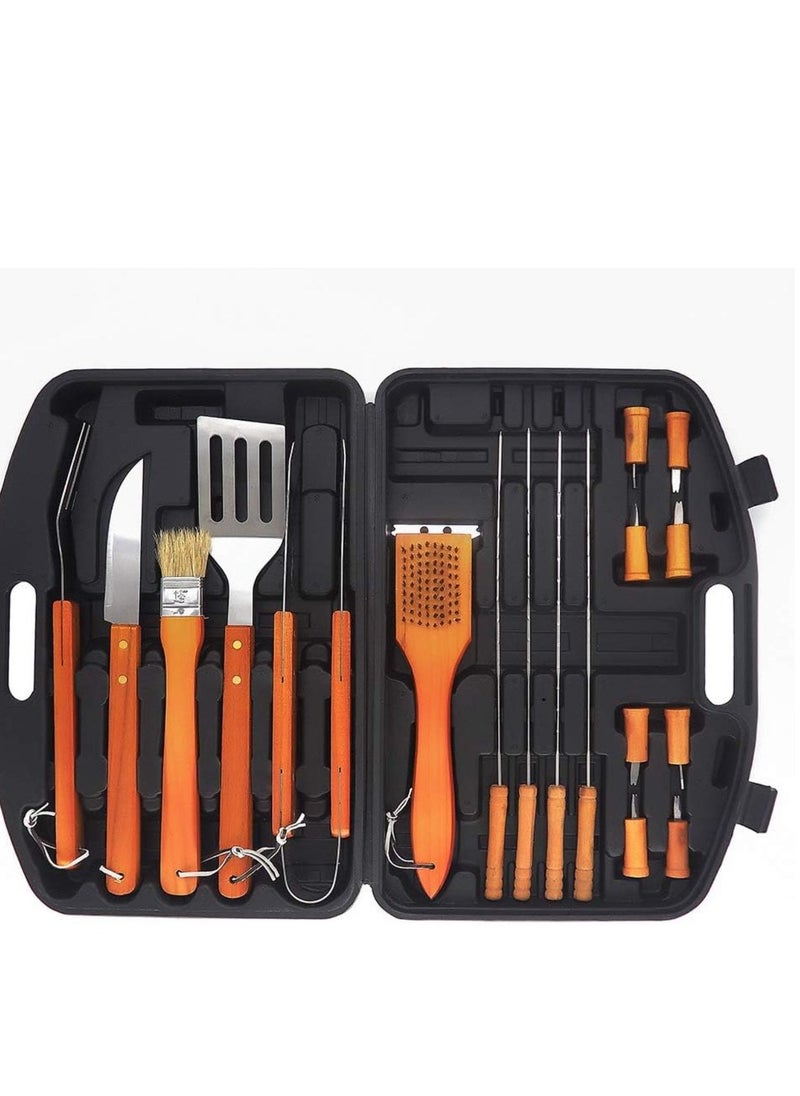 Portable 19-Piece Stainless Steel Barbecue Tool Sets with Wooden Handle, Outdoor Multifunctional Combination BBQ Accessories