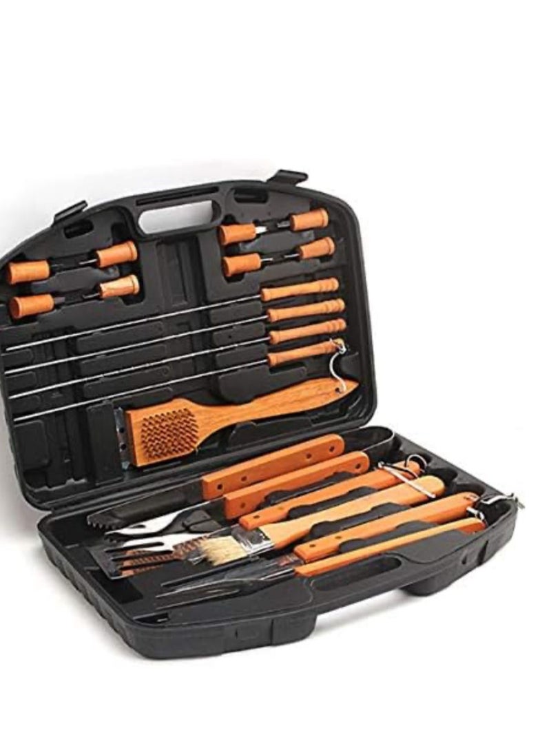 Portable 19-Piece Stainless Steel Barbecue Tool Sets with Wooden Handle, Outdoor Multifunctional Combination BBQ Accessories