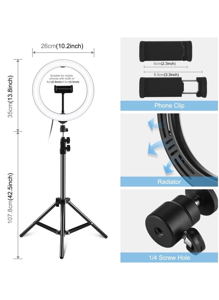 Puluz 10inch Led Ring Vlogging Photography Video Light Kits Live Broadcast USB 3 MODES DIMMABLE WITH 1.1M TRIPOD MOUNT PKT3035