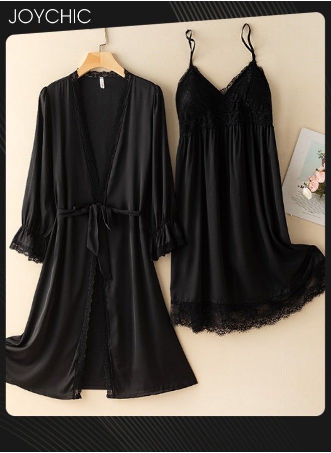 2-piece of Pajamas for Women Spring and Summer Autumn Ice Silk Mid-length Long-sleeved Sleep Robes+ Night Dress V-neck Breathable Nightgown Black