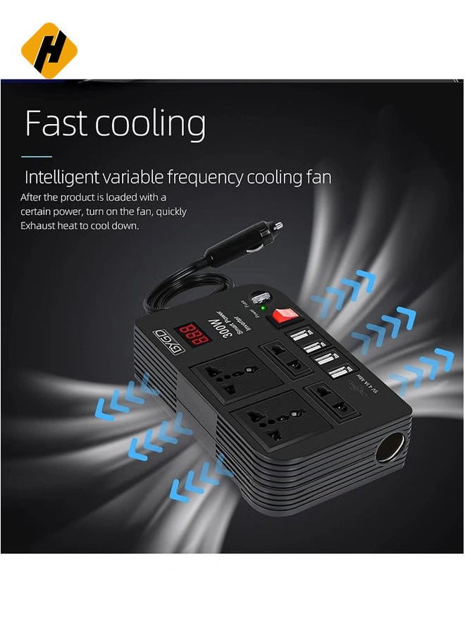 300W Car Inverter, 12V to 220V Power Converter with 4 USB Ports, Universal Socket, Notebook Charging, Car Cigarette Lighter Adapter