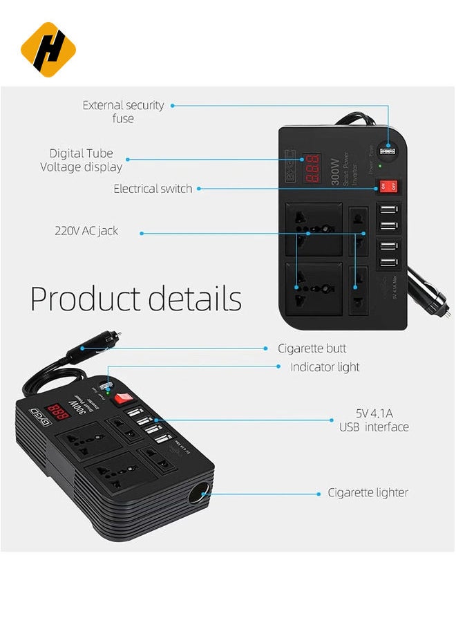 300W Car Inverter, 12V to 220V Power Converter with 4 USB Ports, Universal Socket, Notebook Charging, Car Cigarette Lighter Adapter