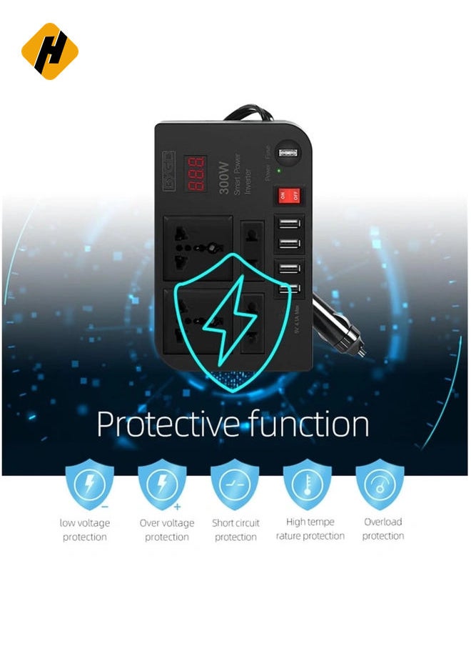 Efficient 300W Car Power Inverter: Convert 12V/24V DC to 220V AC with 4 USB Fast Charging Ports and 2 Universal Sockets for Maximum Compatibility