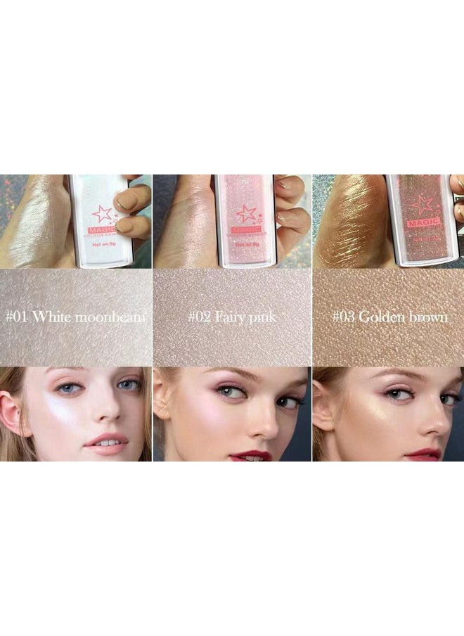 Glitter Powder Highlighter Makeup, Body Brightens The Natural Three-Dimensional Face Blusher Fairy Highlight Patting Powder. (01#White Moonbeam)