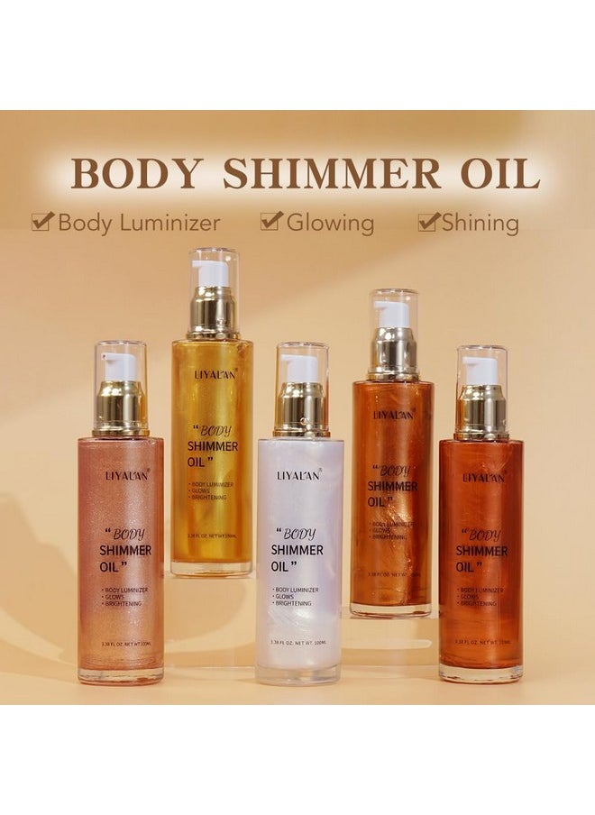 Shimmer Body Oil Gold 5 Color Bronze Face Glow Pearl Highlighter Illuminator Body Makeup Shine Glitter Gold Liquid Taning(3.38 Fl Oz/#02)