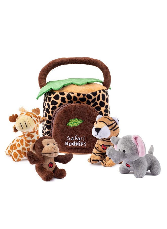 Talking Plush Jungle Animals Set: 4 Soft Safari Toys - Elephant, Monkey, Giraffe, Tiger & Jungle House Carrier