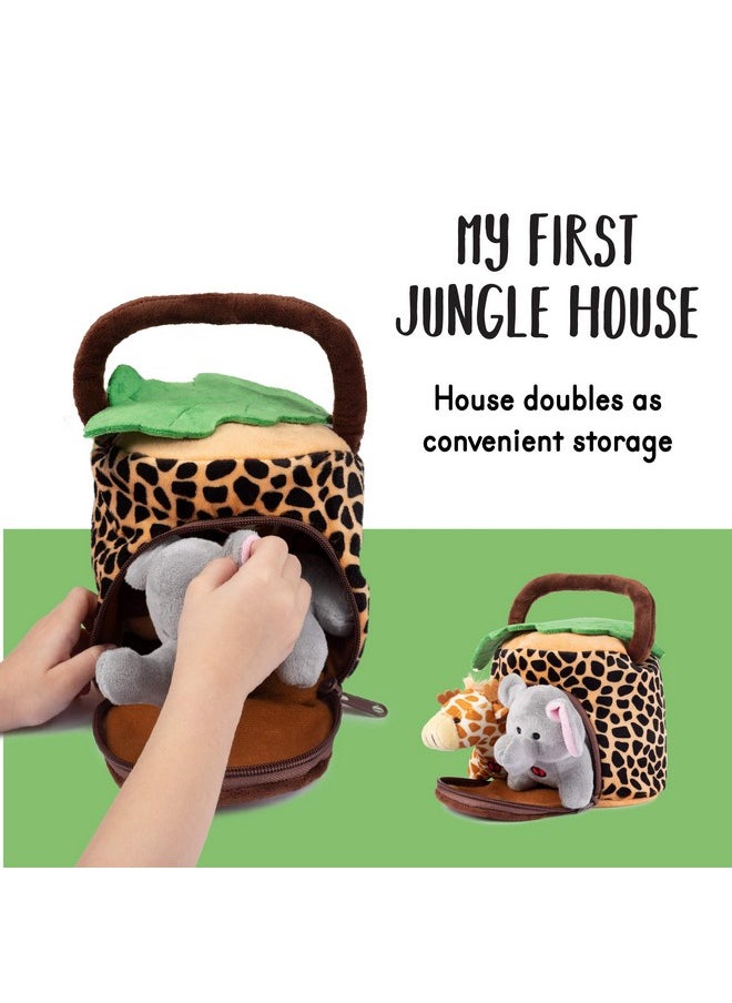 Talking Plush Jungle Animals Set: 4 Soft Safari Toys - Elephant, Monkey, Giraffe, Tiger & Jungle House Carrier