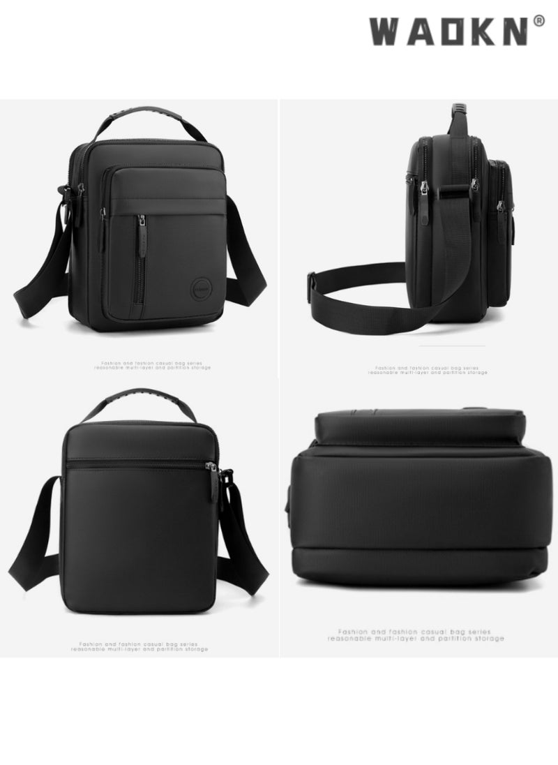 Men High Quality boys Crossbody Bag Minimalist Wear-Resistant Oxford Crossbody/Shoulder Bag with Adjustable Strap and Top Handle Multi-layer Functional New Trends Fashion Handbag for Men Solid Black