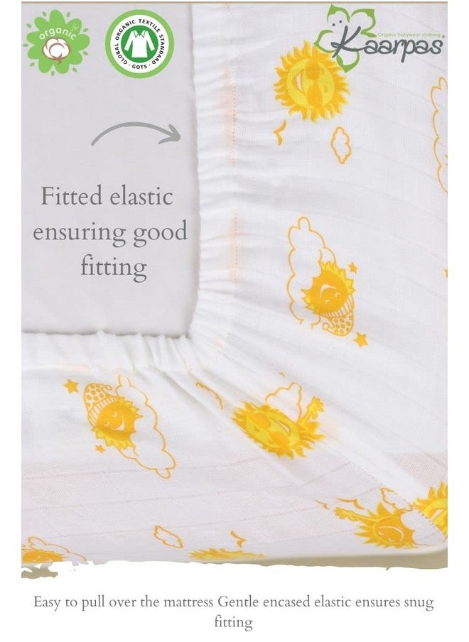 Baby Premium Organic Cotton Muslin Elastic Fitted Cot Bedsheet Crib Sheet With Sky Theme Of Sun Orange, Yellow (Size : 132 X 70 X 20 Cm) 1 Unit