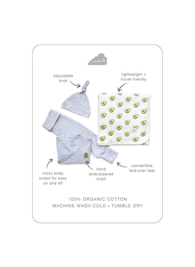 Organic Cotton Welcome Baby Bundle - Top/Pant/Top Knot Cap/Receiving Blanket/Unisex, 0-3 Months, Avocado-Grey