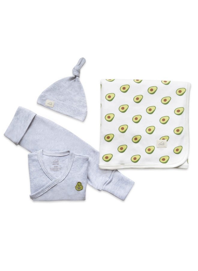 Organic Cotton Welcome Baby Bundle - Top/Pant/Top Knot Cap/Receiving Blanket/Unisex, 0-3 Months, Avocado-Grey