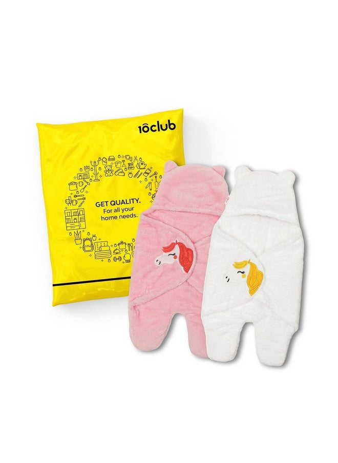 By 10 Club 3-In-1 Unicorn Hooded Baby Blanket Wrapper With Velcro Lock - Set Of 2 (White & Pink) | All Season Soft Swaddle For New Born Baby | Soft Skin Friendly Baby Wrapper | Baby Blankets Newborn 0-24 Months | Baby Shower Gift