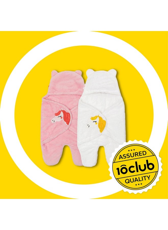 By 10 Club 3-In-1 Unicorn Hooded Baby Blanket Wrapper With Velcro Lock - Set Of 2 (White & Pink) | All Season Soft Swaddle For New Born Baby | Soft Skin Friendly Baby Wrapper | Baby Blankets Newborn 0-24 Months | Baby Shower Gift