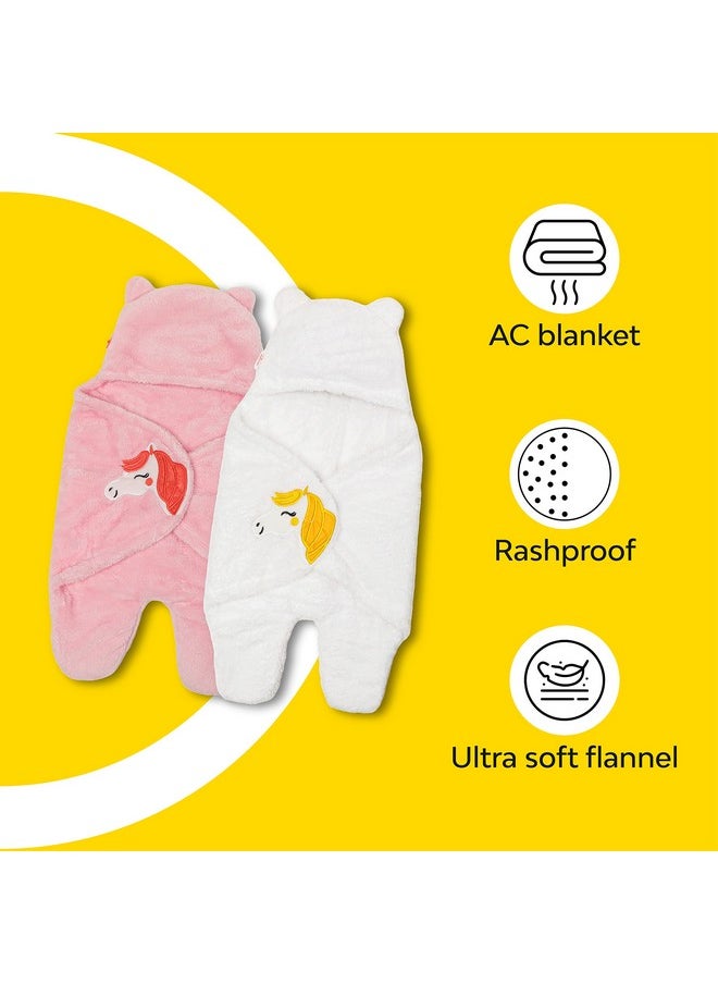 By 10 Club 3-In-1 Unicorn Hooded Baby Blanket Wrapper With Velcro Lock - Set Of 2 (White & Pink) | All Season Soft Swaddle For New Born Baby | Soft Skin Friendly Baby Wrapper | Baby Blankets Newborn 0-24 Months | Baby Shower Gift