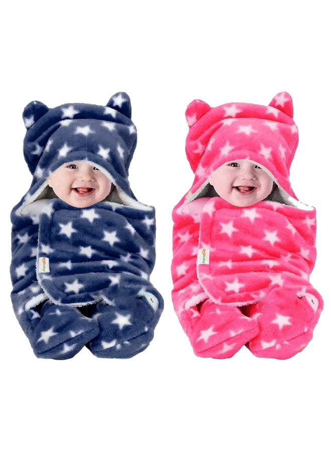 3-In-1 Fleece Hooded Baby Blanket Wrapper Pack Of 2 (Star Dark Blue + Pink) Swaddle For New Born | All Season | 0-6 Months | Sleeping Bag | Nursing Baby Gifts | Multipurpose Comforter