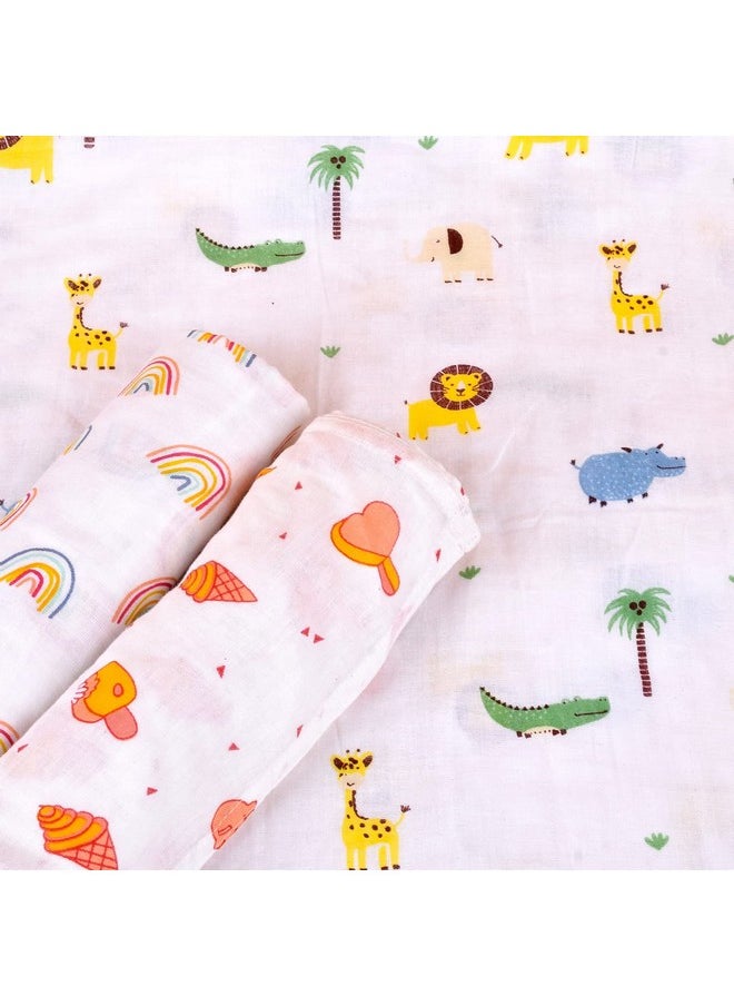 Organic Cotton Baby Muslin Swaddle - Pack Of 3-100X100 Cm (Rainbow Ice-Cream Jungle)