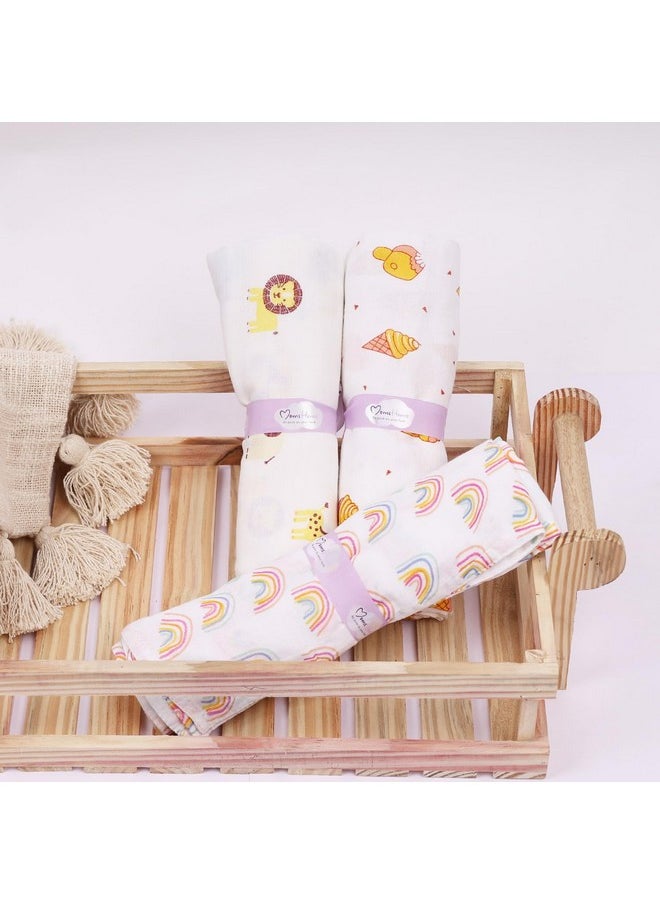 Organic Cotton Baby Muslin Swaddle - Pack Of 3-100X100 Cm (Rainbow Ice-Cream Jungle)