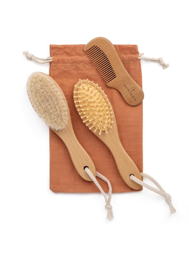 Natural Baby Hair Brush Set - Wooden Brushes And Comb With Boho Travel Bag For Girl Or Boy - Soft Goat Hair Brush For Cradle Cap, Bamboo Toddler Hair Brush, Newborn Hairbrush For Scalp Grooming