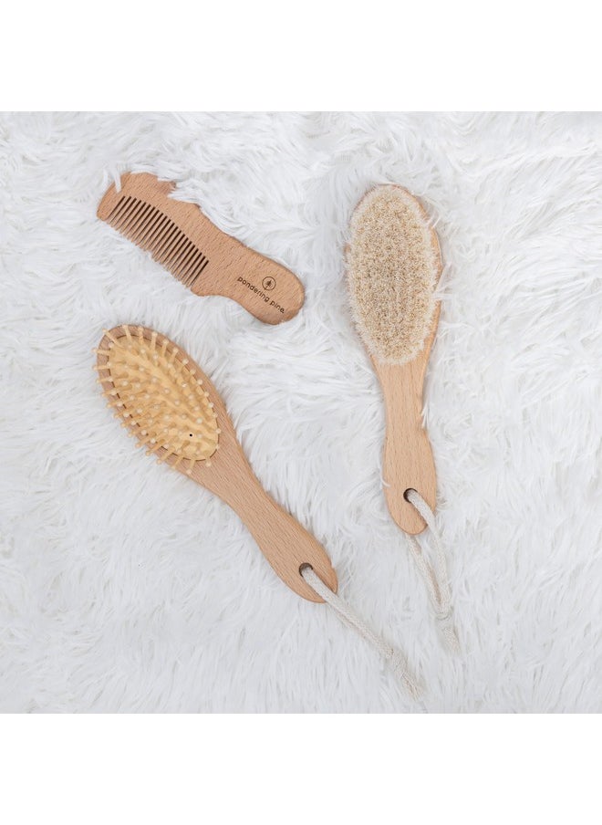 Natural Baby Hair Brush Set - Wooden Brushes And Comb With Boho Travel Bag For Girl Or Boy - Soft Goat Hair Brush For Cradle Cap, Bamboo Toddler Hair Brush, Newborn Hairbrush For Scalp Grooming