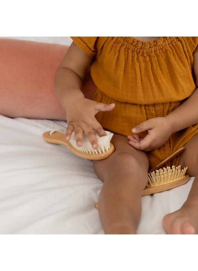 Natural Baby Hair Brush Set - Wooden Brushes And Comb With Boho Travel Bag For Girl Or Boy - Soft Goat Hair Brush For Cradle Cap, Bamboo Toddler Hair Brush, Newborn Hairbrush For Scalp Grooming