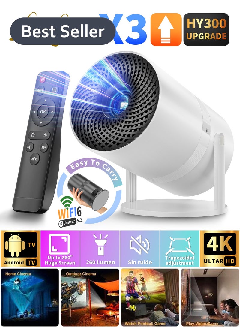 X3 Mini Portable Projector 5G Wifi 6 BT 5.2 Android 11 Projector 4K 1080P Full HD Support 13000 Lumens Horizontal Keystone Correction Auto Led Projector 180°Rotating Projector