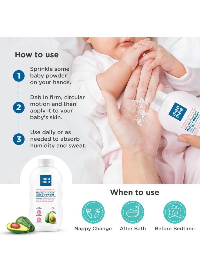 Newborn Friendly Talcum Powder | Enriched With Avocado Oil | Dermatologist Approved | Rash-Resistant | Paraben Free | 0+ Months (400G Fresh Feel, Single Pack)