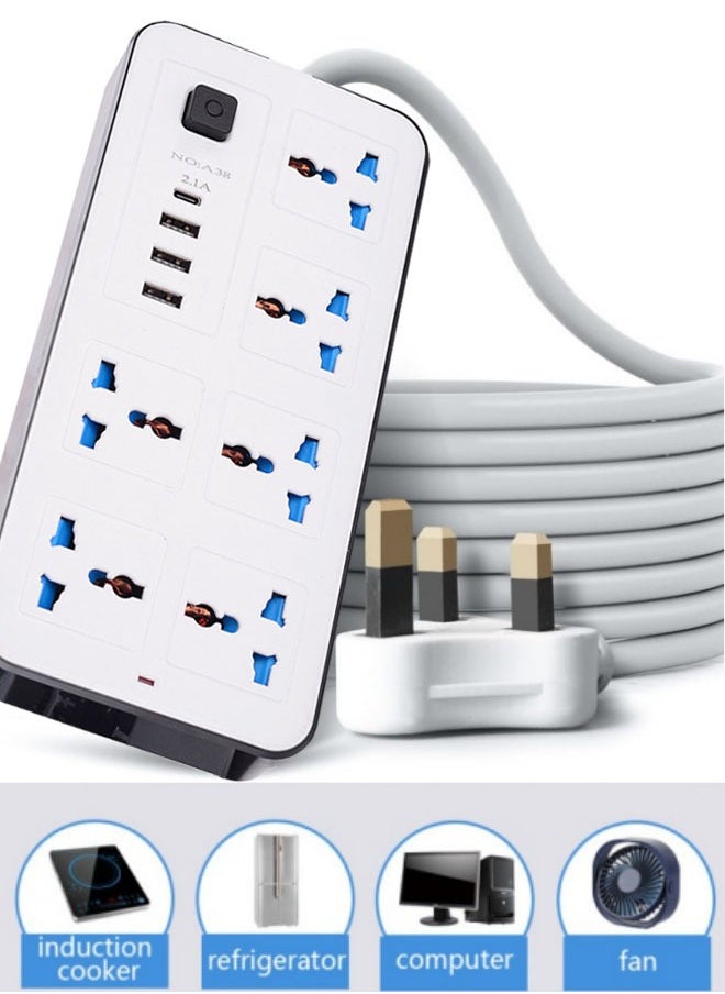 Power Multi Tap Universal Plug UK Outlet Power Strip with 1.8m Extension Cord AC Type C USB Port Charge Electrical Socket