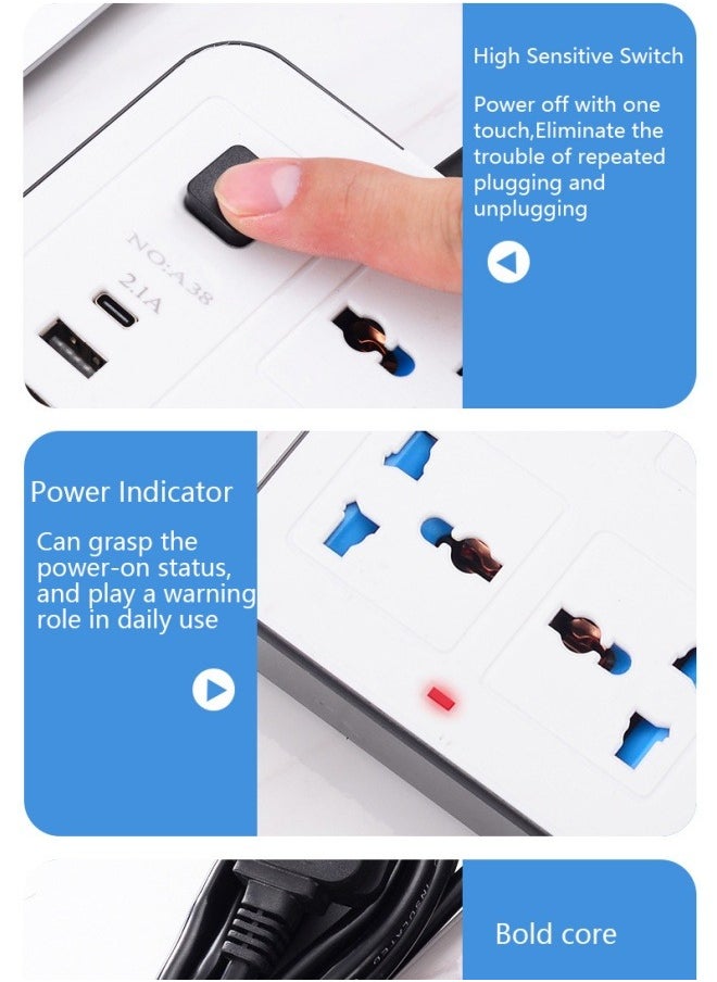 Power Multi Tap Universal Plug UK Outlet Power Strip with 1.8m Extension Cord AC Type C USB Port Charge Electrical Socket