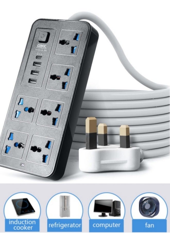 Power Multi Tap Universal Plug UK Outlet Power Strip with 1.8m Extension Cord AC Type C USB Port Charge Electrical Socket