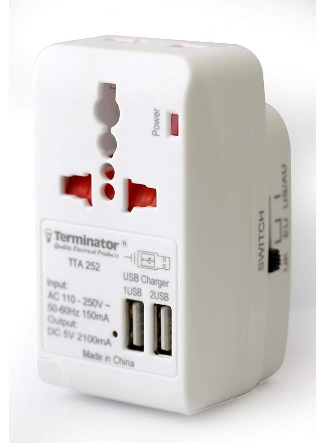 Universal Socket Travel Adapter 13A With 2 USB Sockets White