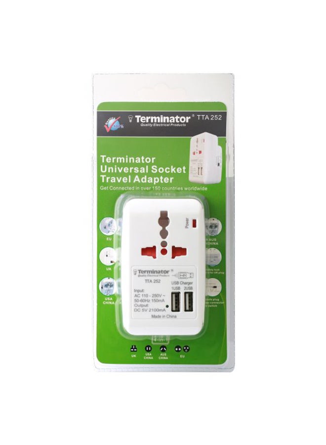 Universal Socket Travel Adapter 13A With 2 USB Sockets White