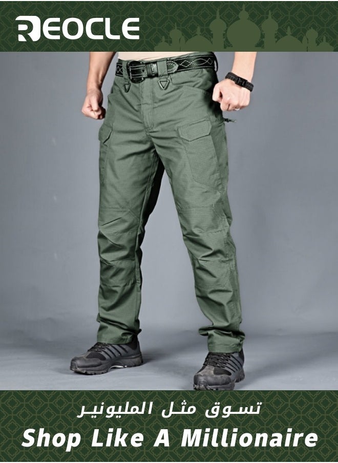 Mens Tactical Pants Durable Cargo Work Trousers Water-Repellent Tactical Casual Pants Four Seasons for Hiking Climbing Green