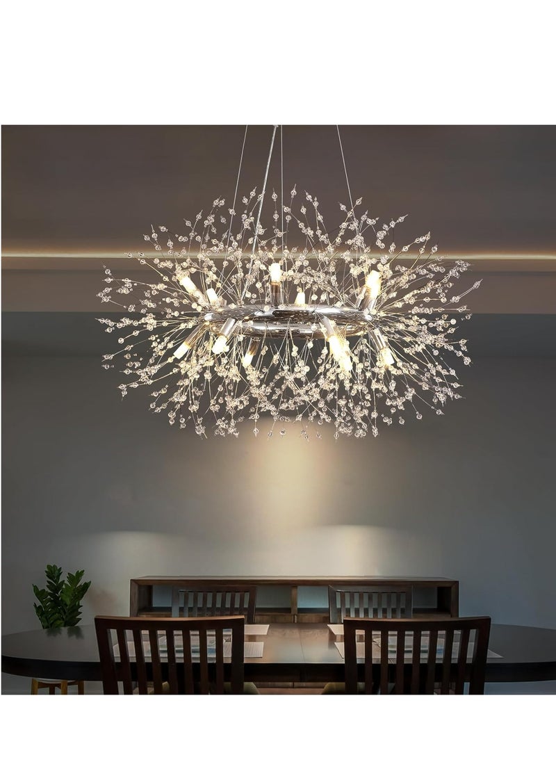 Modern Crystal Ceiling Lights, Semi-Recessed Round Pendant Lighting, 12 Light Chrome Dandelion Chandelier for Bedroom, Living Room, Foyer, Kitchen