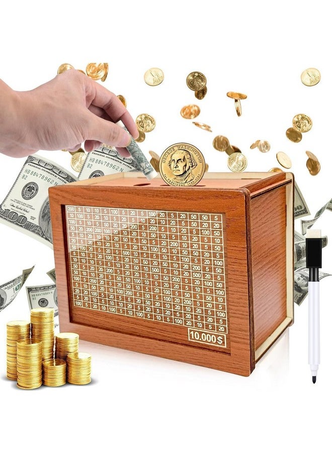 Wooden Money Box Money Bank, Countdown Money Saving Box With 10000 Dollars Target, Money Box With Money Target And Numbers To Check For Boys Girls (10000 Usd)