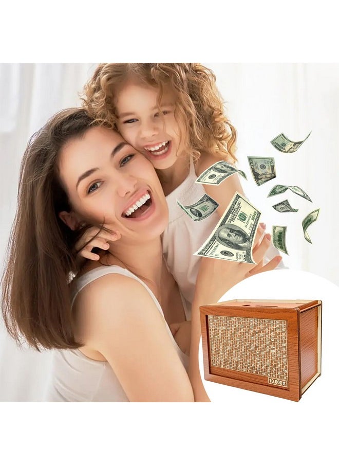 Wooden Money Box Money Bank, Countdown Money Saving Box With 10000 Dollars Target, Money Box With Money Target And Numbers To Check For Boys Girls (10000 Usd)