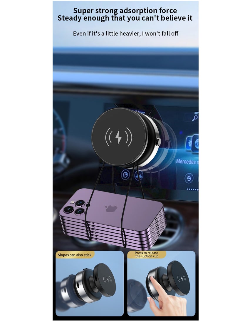 Magnetic Wireless Vacuum Car Charger Mount, Compatible with Various iPhone Series, 360°Rotation, Strong Magnets, Air Vent & Dashboard Suction Cup, Applicable to Car Kitchen Mirro Gym Bath Shower All Smooth Surface