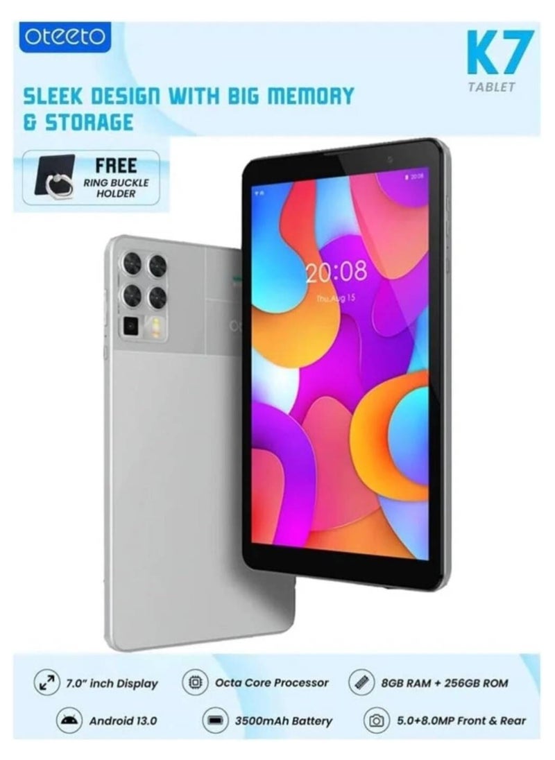 Oteeto K7 Android Tablet, 7.0 Inch 8 GB RAM, 256 GB ROM, 3500 mAh Battery, Octa Core Processor, Android 13.0, 5 + 8 MP Front Camera | Grey