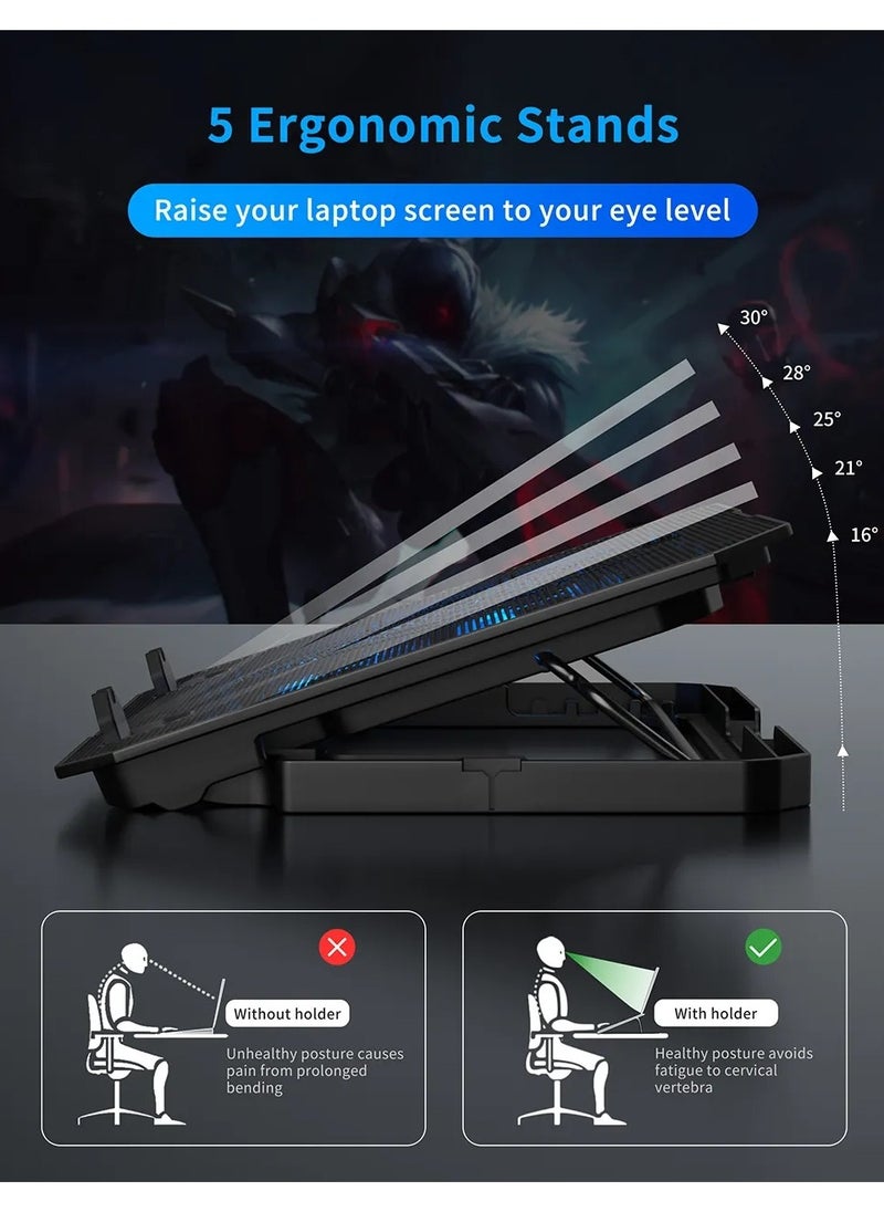 Laptop Cooling Pad Gaming Laptop Cooler, Laptop Fan Cooling Rack, with 6 Quiet Cooling Fans, Suitable for 12-15.6 Inch Laptop, Adjustable Height Bracket, Blue LED Light, 2 USB Ports, Laptop Desk Use