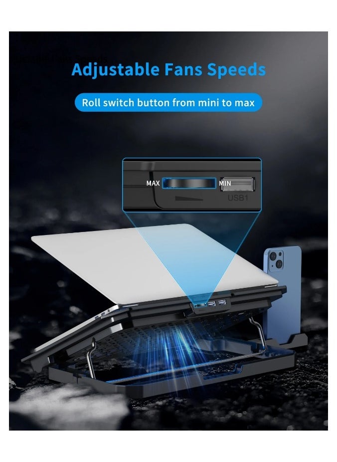 Laptop Cooling Pad Gaming Laptop Cooler, Laptop Fan Cooling Rack, with 6 Quiet Cooling Fans, Suitable for 12-15.6 Inch Laptop, Adjustable Height Bracket, Blue LED Light, 2 USB Ports, Laptop Desk Use