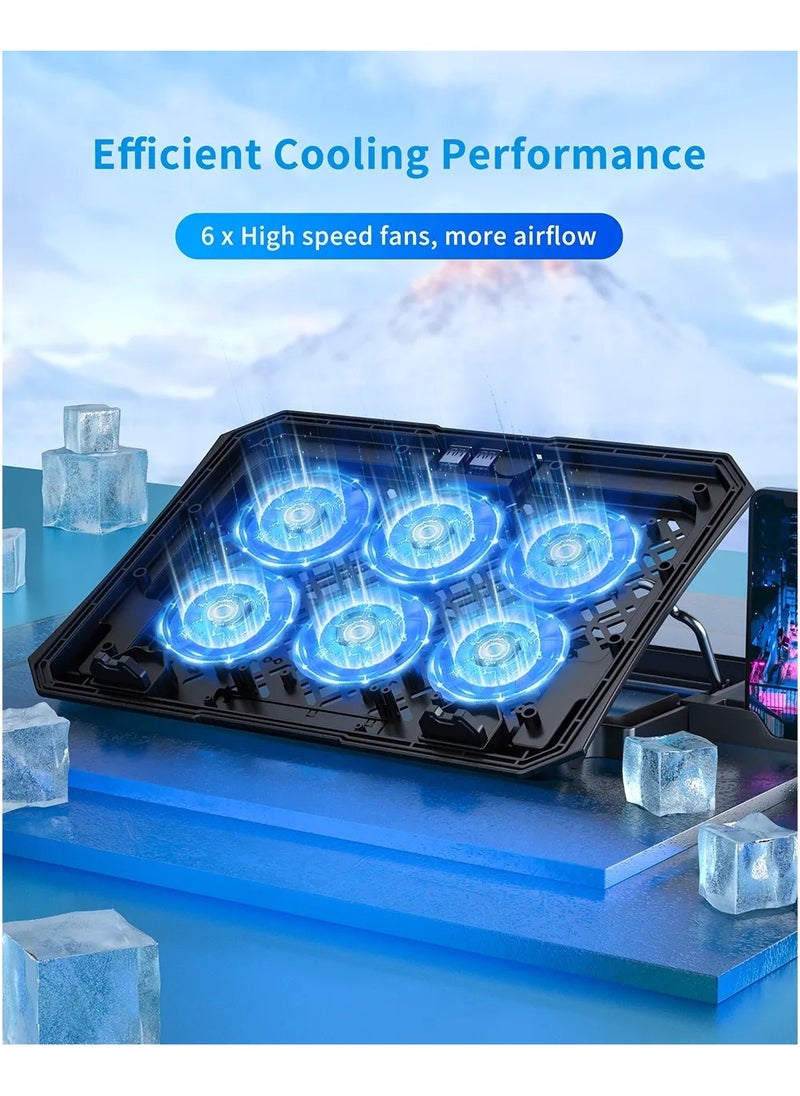 Laptop Cooling Pad Gaming Laptop Cooler, Laptop Fan Cooling Rack, with 6 Quiet Cooling Fans, Suitable for 12-15.6 Inch Laptop, Adjustable Height Bracket, Blue LED Light, 2 USB Ports, Laptop Desk Use