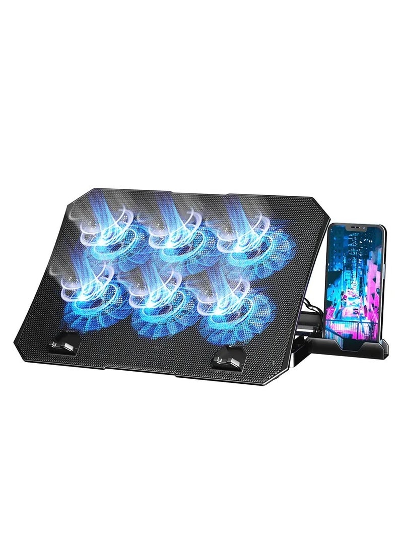 Laptop Cooling Pad Gaming Laptop Cooler, Laptop Fan Cooling Rack, with 6 Quiet Cooling Fans, Suitable for 12-15.6 Inch Laptop, Adjustable Height Bracket, Blue LED Light, 2 USB Ports, Laptop Desk Use